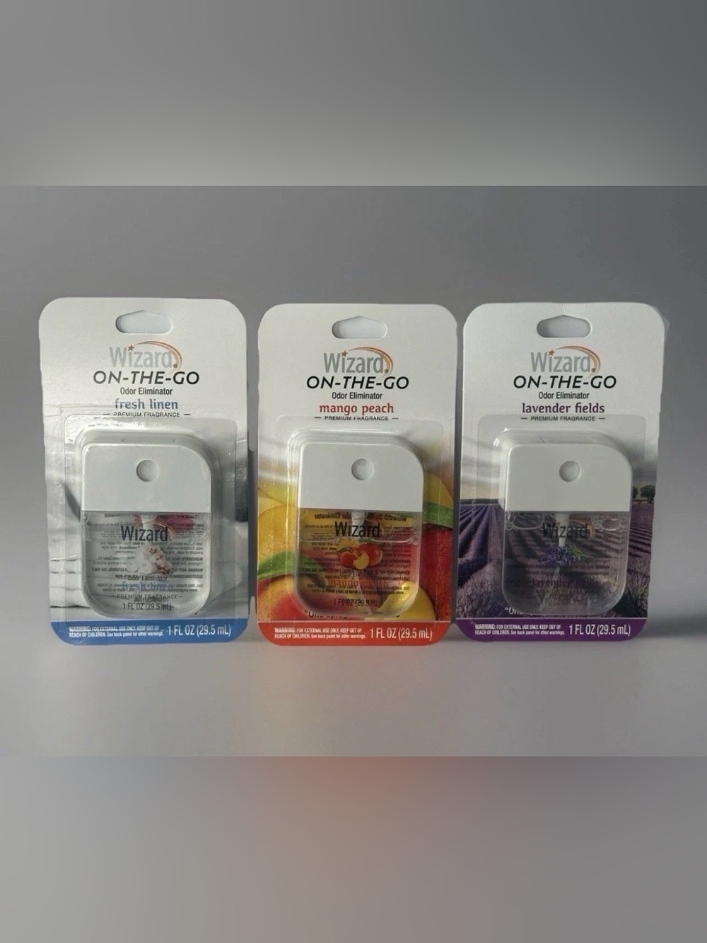 On-The-Go Mango Peach, White Linen, and Lavender Fields. Odor Eliminator.
